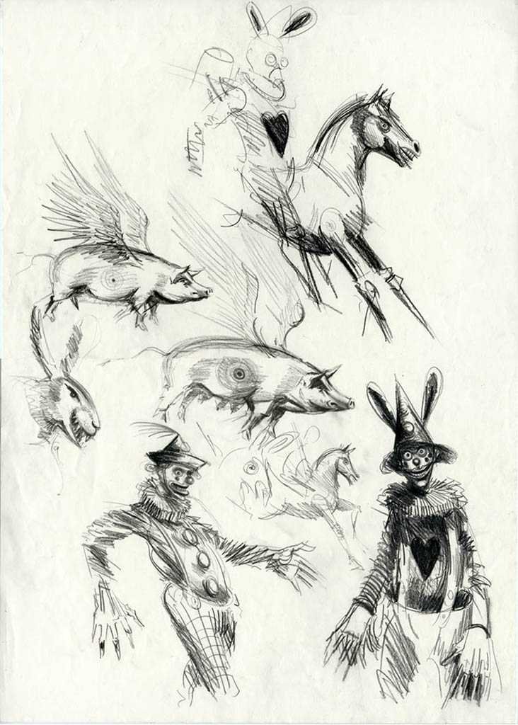 Hearts and Flying Pigs concept sheet pencil on paper 23.5 x 16.5 inches (59 x 42 cms)