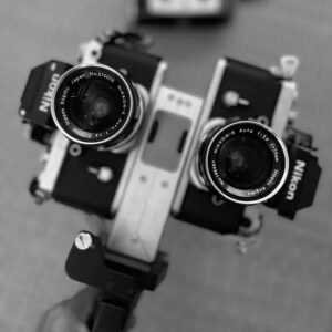 AJ Halkes double Nikon SLR camera rig or Verascope F40 stereo camera 3d anaglyphs B&W